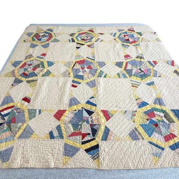 Handmade Other - Vintage Handmade Patchwork Quilt Spider Web Wagon Wheel Feed 1930s sack Cotton